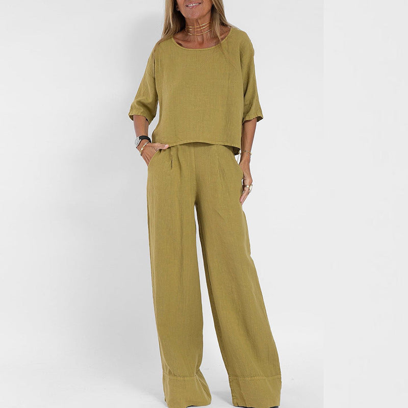 Dames Twee-Delige Set – Casual Pasvorm – Ademend Materiaal – Wijde Broek & Top