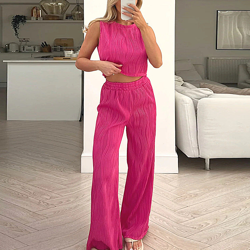 Dames Tweedelig Set – Mouwloos Crop Top – Hoge Taille Broek – Ademende Stof
