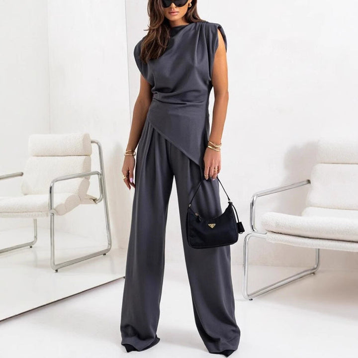 Dames Two-Piece Set – Relaxed Fit – Draped Top – Hoge Taille Wijde Pijpen