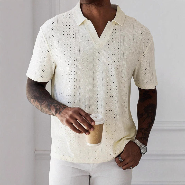 Heren T-shirt – Relaxed Fit – Ademend Gebreid – Kantpatroon – Korte Mouwen