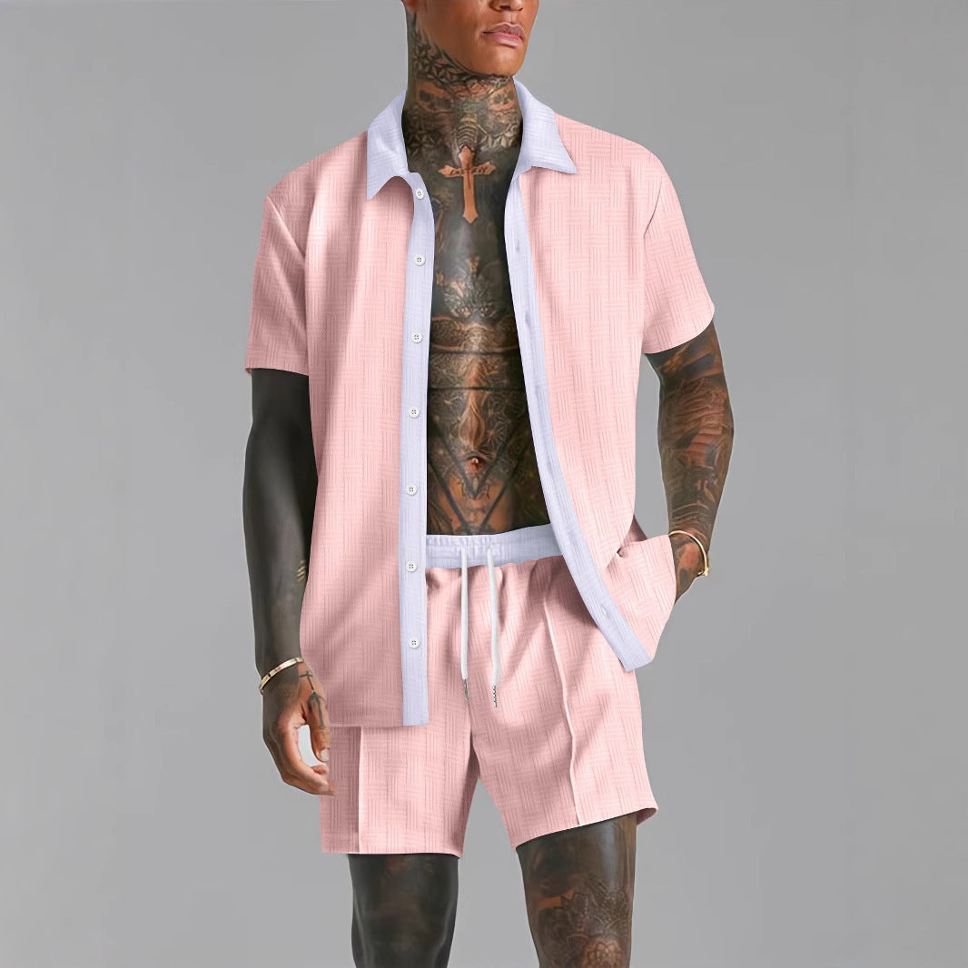 Heren Set – Knoopshirt en Korte Broek – Relaxte Pasvorm – Ademend – Zakken – Trekkoord