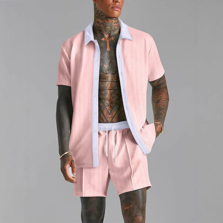 Heren Set – Knoopshirt en Korte Broek – Relaxte Pasvorm – Ademend – Zakken – Trekkoord