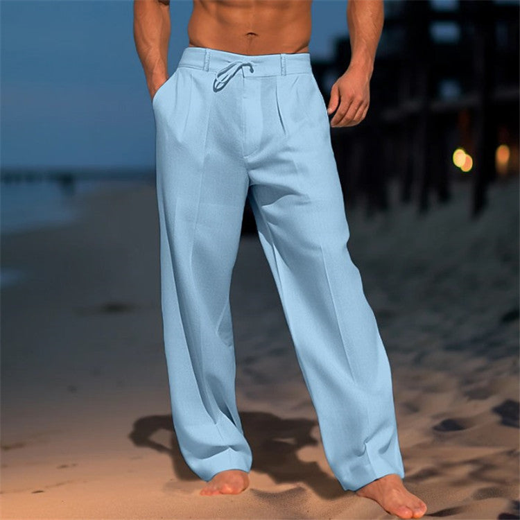 Heren Broek – Relaxed Fit – Natuurlijke Vezels – Trekkoord – Volledige Lengte – Zijsplitzakken