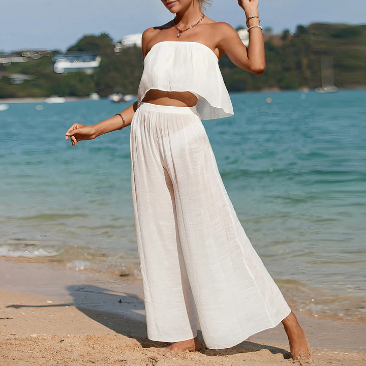 Dames Tweedelige Set – Strapless Top – Wijde Lange Broek – Luchtige Stof