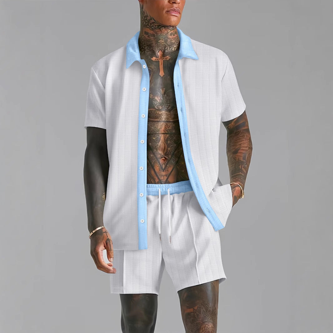 Heren Set – Knoopshirt en Korte Broek – Relaxte Pasvorm – Ademend – Zakken – Trekkoord