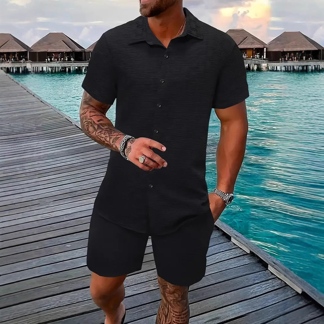 Heren Two-Piece Set – Relaxed Fit – Ademende Stof – Jacquard Patroon – Casual Look
