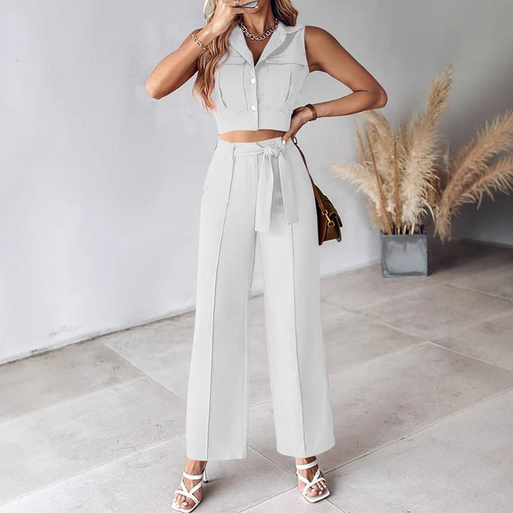 Dames Pantalon Set – Mouwloze Crop Top – Hoge Taille Wijde Pijpen – Ceintuur Detail