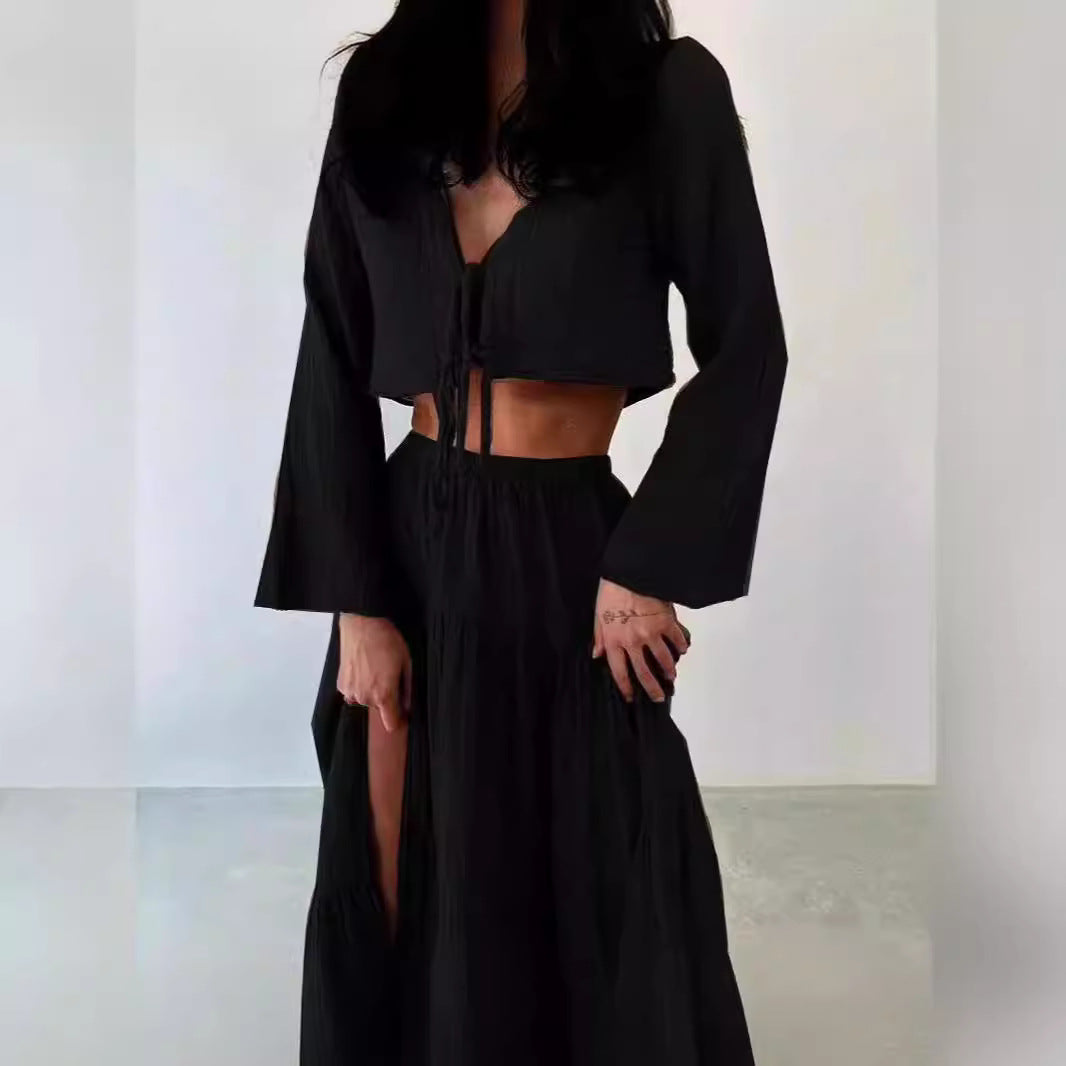 Dames Set – Natuurlijke Stoffen – Cropped Vest met Striksluiting – Maxi Rok met Split