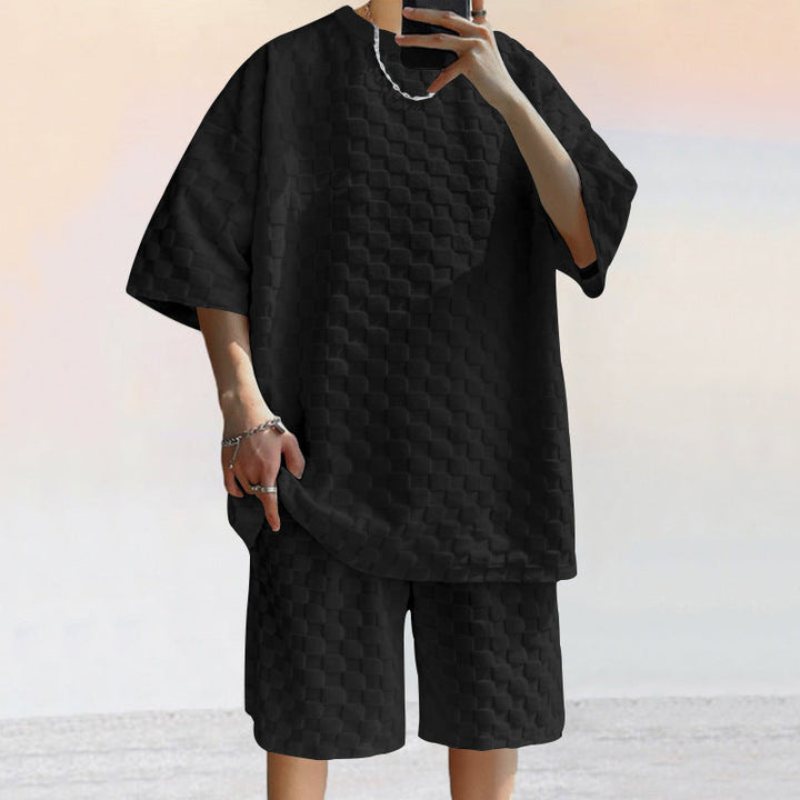 Heren Set – Losvallend Shirt & Rechte Shorts – Jacquard Patroon – Zachte Knit