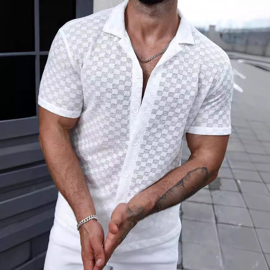Heren overhemd – Relaxed fit – Ademend fijn breisel – Korte mouw – Knoopsluiting