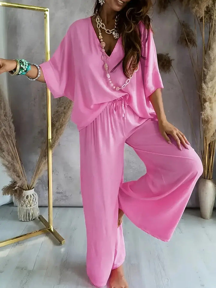 Dames Set – Relaxed Fit – V-hals Top met Korte Mouwen – Wijde Broek – Ademende Stof