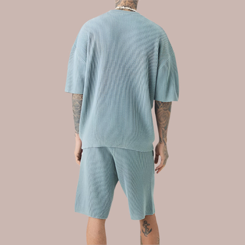 Heren Set – Relaxte Pasvorm – Ribstructuur – Korte Mouw Top met Shorts
