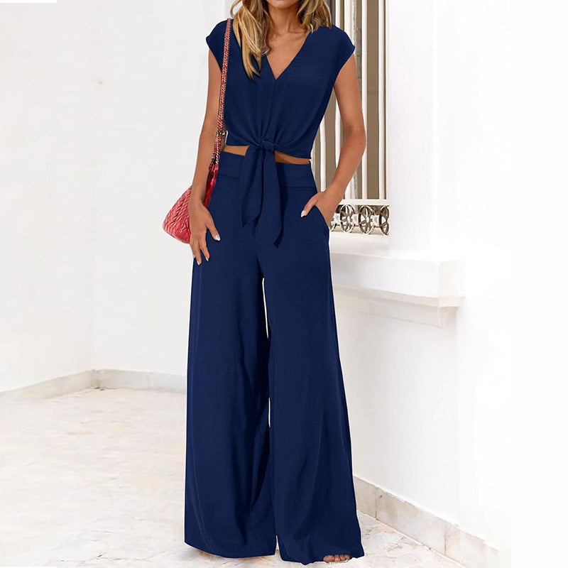 Dames Set – V-hals Crop Top met Striksluiting – Hoge Taille Wijde Pijpen Broek