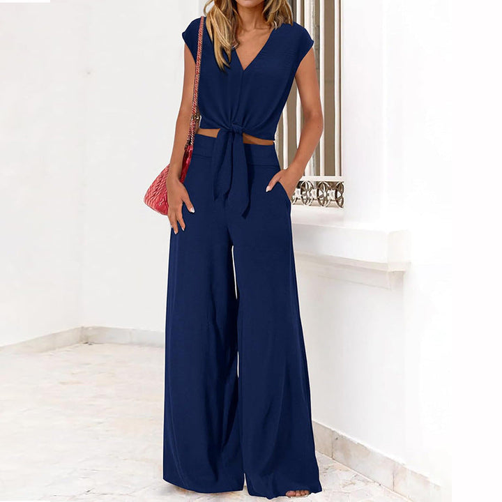 Dames Set – V-hals Crop Top met Striksluiting – Hoge Taille Wijde Pijpen Broek