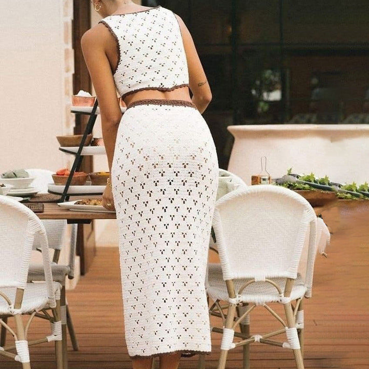 Dames gebreid rokkenset – Slim fit – Crochet top met V-hals – Midi rok – Zacht breisel