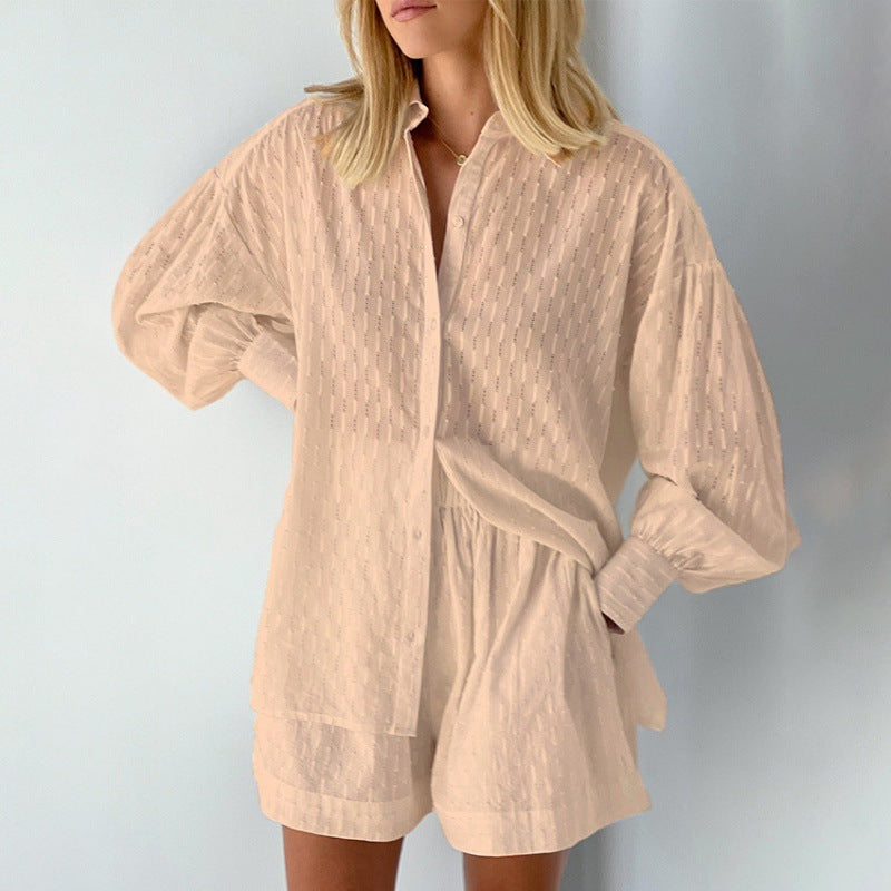 Dames Set Blouse en Shorts – Jacquard – Relaxed Fit – Puffmouwen – Elastische Taille