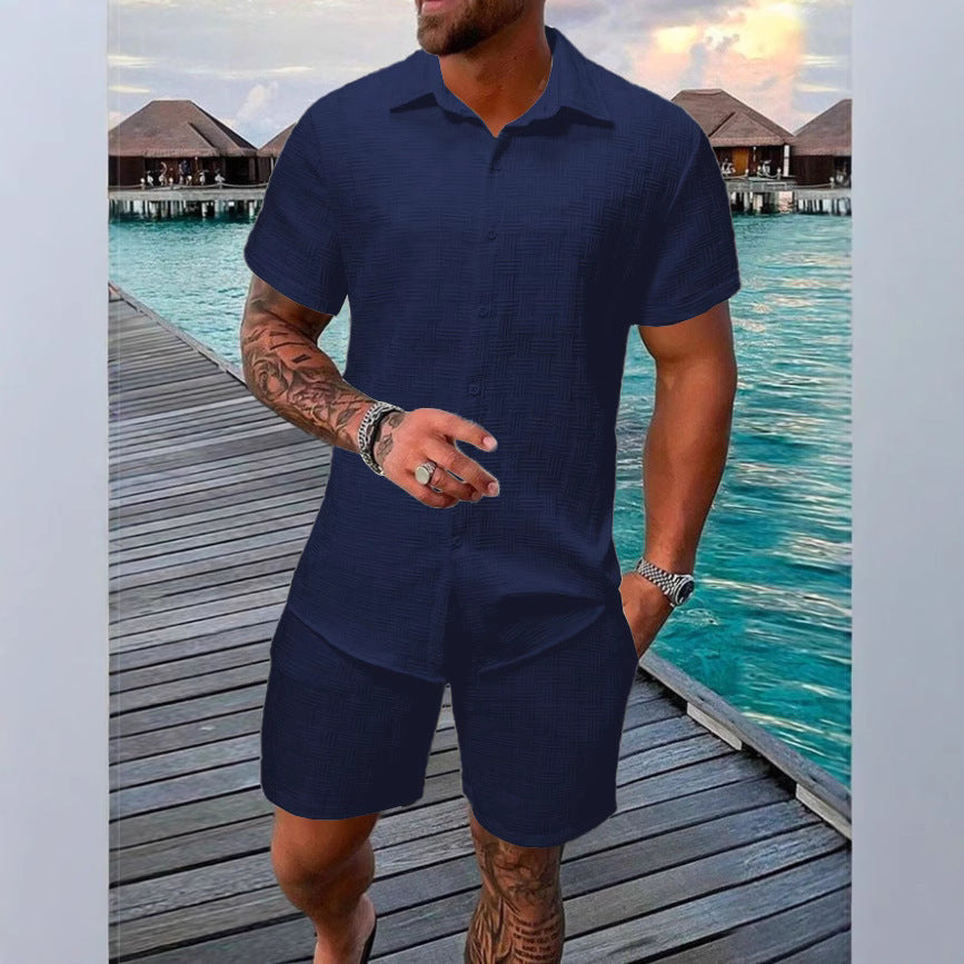 Heren Two-Piece Set – Relaxed Fit – Ademende Stof – Jacquard Patroon – Casual Look