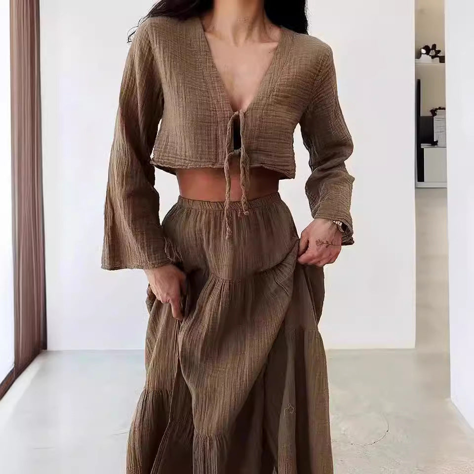Dames Set – Natuurlijke Stoffen – Cropped Vest met Striksluiting – Maxi Rok met Split