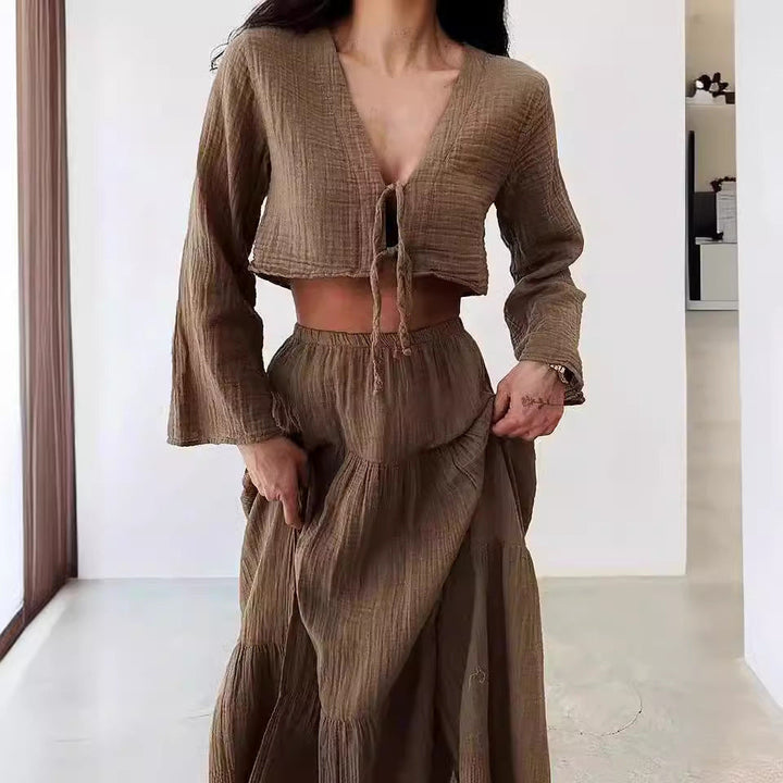 Dames Set – Natuurlijke Stoffen – Cropped Vest met Striksluiting – Maxi Rok met Split