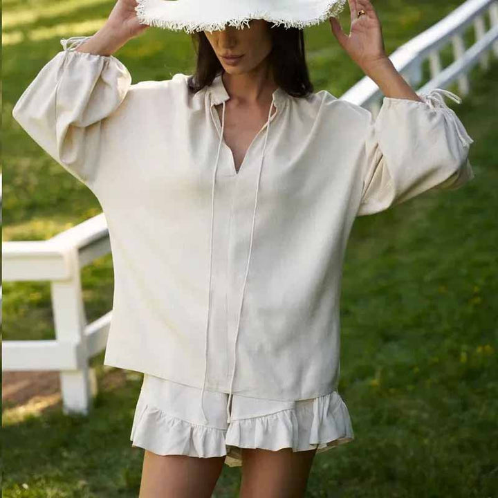 Dames Twee-Delige Set – V-Hals Top met Ballonmouwen – Rucheshort – Ademend Comfort