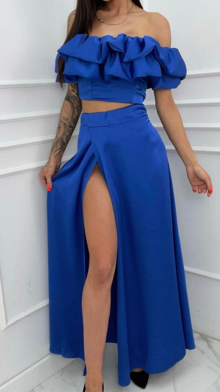 Dames Tweedelige Set – Off-Shoulder Ruffle Top – Maxi Rok met Hoge Split
