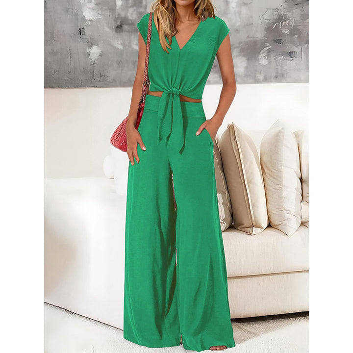 Dames Set – V-hals Crop Top met Striksluiting – Hoge Taille Wijde Pijpen Broek