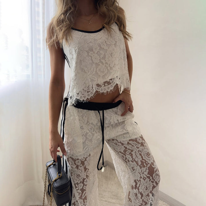 Dames Tweedelig Set – Kanten Cropped Top – Losse Broek met Trekkoord – Ademend Ontwerp