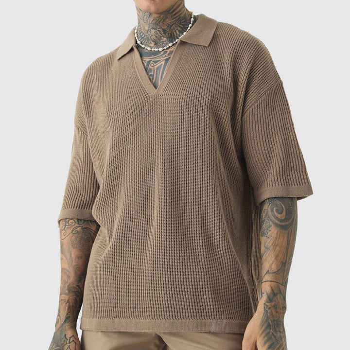 Heren Overhemd Korte Mouw – Relaxed Fit – Zachte Knit – V-Hals met Kraag – Casual