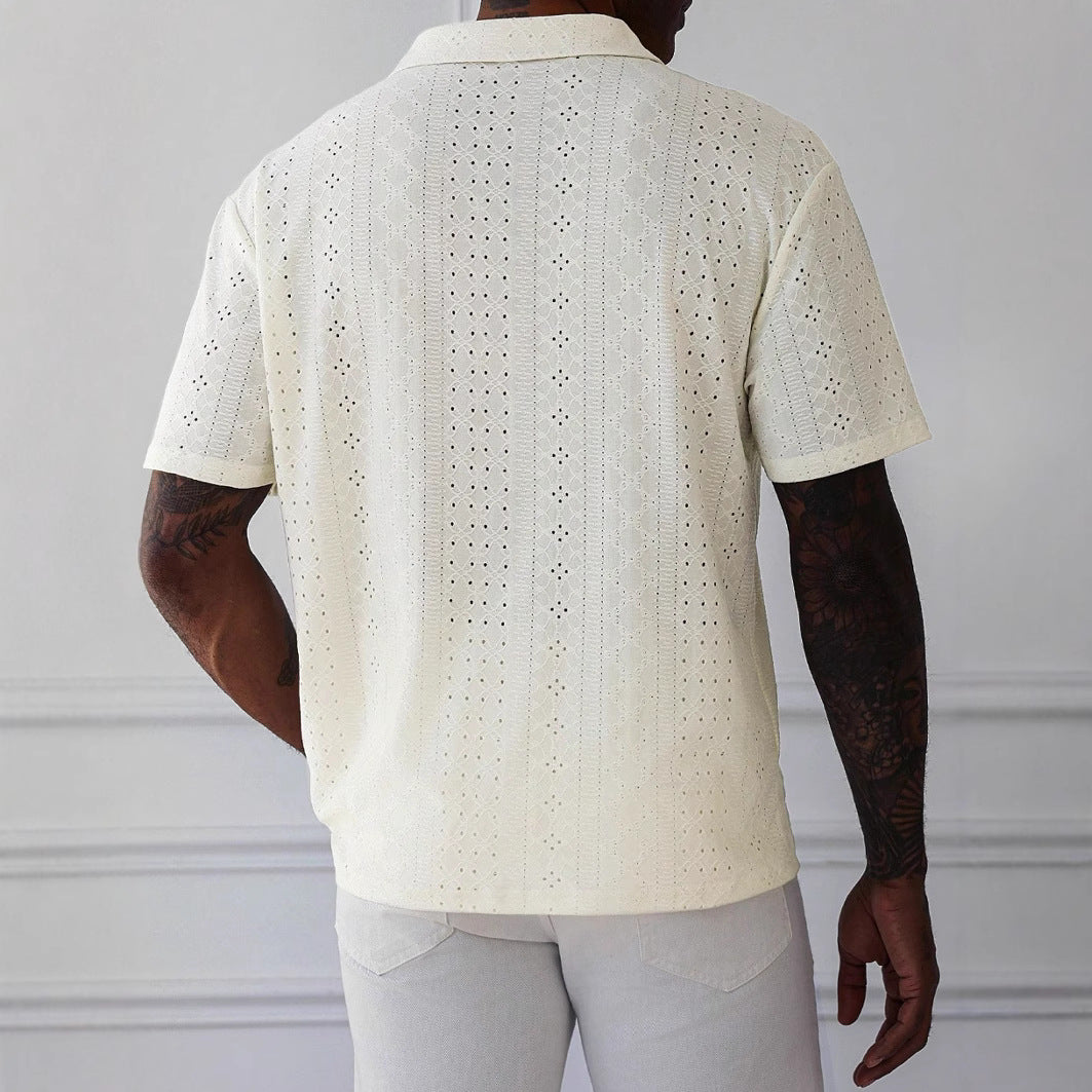 Heren T-shirt – Relaxed Fit – Ademend Gebreid – Kantpatroon – Korte Mouwen