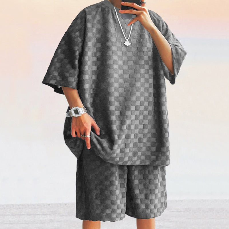 Heren Set – Losvallend Shirt & Rechte Shorts – Jacquard Patroon – Zachte Knit