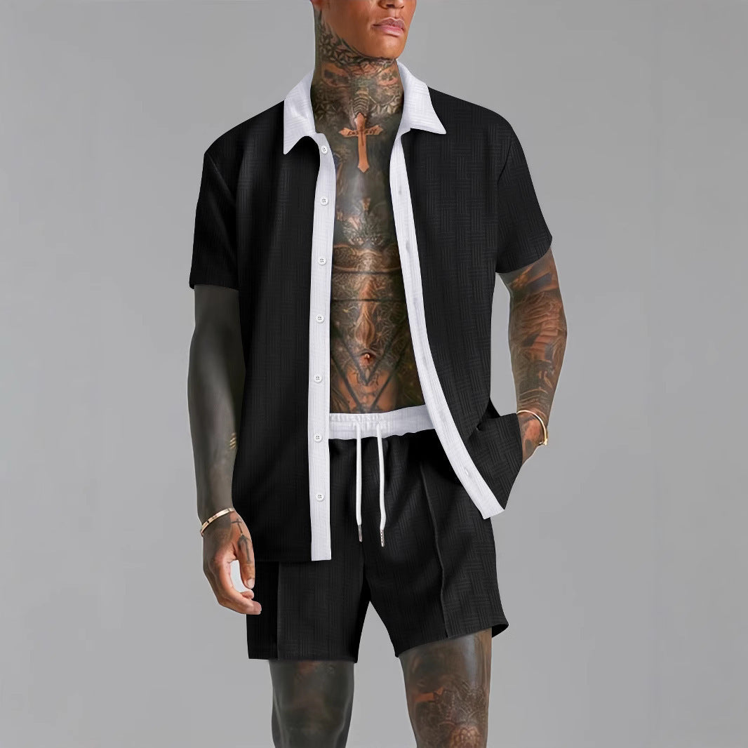 Heren Set – Knoopshirt en Korte Broek – Relaxte Pasvorm – Ademend – Zakken – Trekkoord