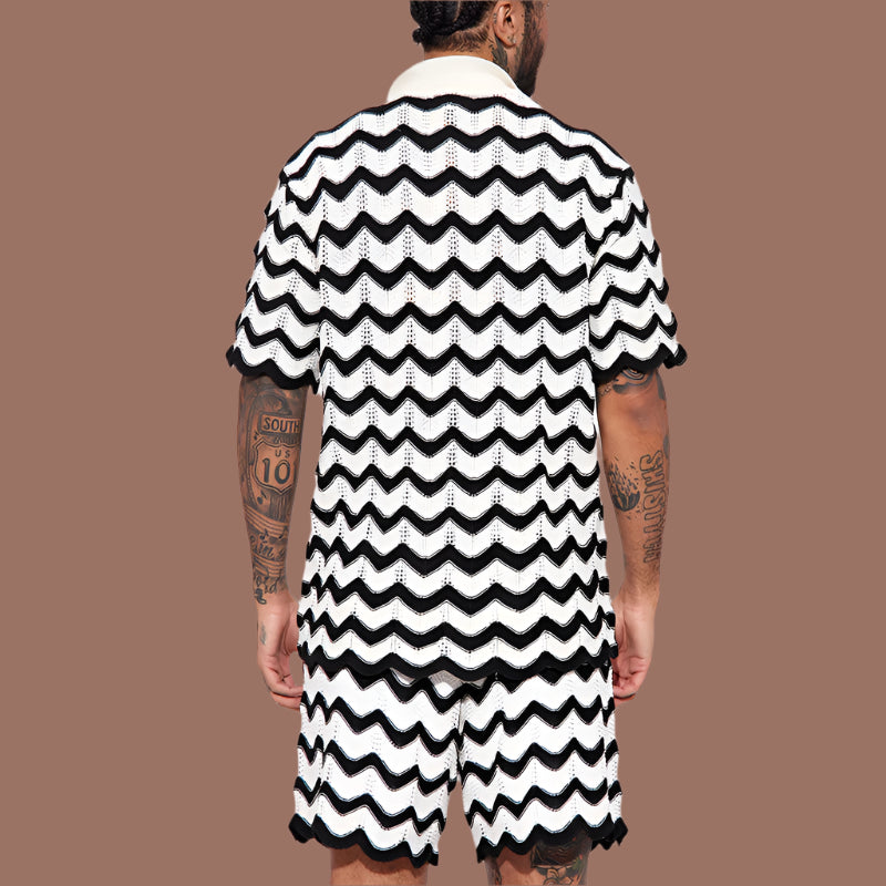 Heren Poloshirt – Relaxed Fit – Zacht Gebreid – Geperforeerd Zigzagpatroon – Korte Mouw