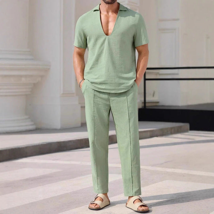 Heren Tweedelig Pak – Relaxte Pasvorm – Ademend Materiaal – Korte Mouw & Lange Broek