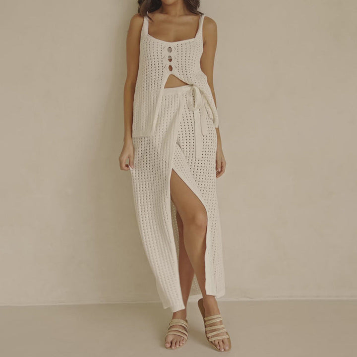 Dames Set – Twee-Delig – Zachte Knit Crop Top – Maxi Rok met Split en Strikband