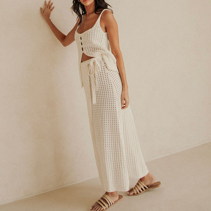 Dames Set – Twee-Delig – Zachte Knit Crop Top – Maxi Rok met Split en Strikband