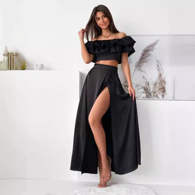Dames Tweedelige Set – Off-Shoulder Ruffle Top – Maxi Rok met Hoge Split