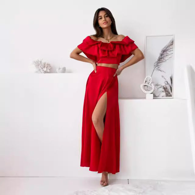 Dames Tweedelige Set – Off-Shoulder Ruffle Top – Maxi Rok met Hoge Split