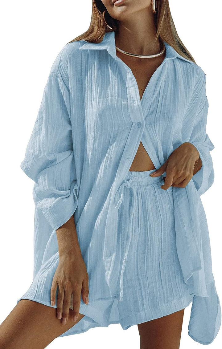 Dames Tweedelige Set – Oversized Blouse met Lange Mouwen – Relaxte Shorts – Ademend Materiaal