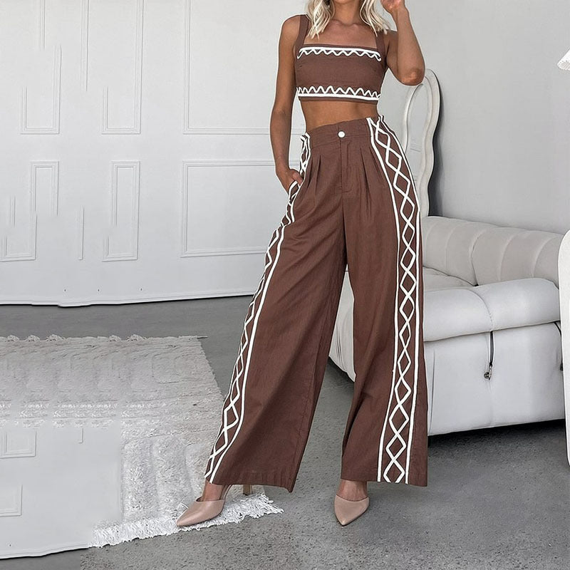 Dames Tweedelige Set – Asymmetrische Crop Top – Hoge Taille Wijde Pijpen – Geometrische Print – Ademende Stof