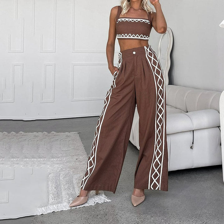 Dames Tweedelige Set – Asymmetrische Crop Top – Hoge Taille Wijde Pijpen – Geometrische Print – Ademende Stof