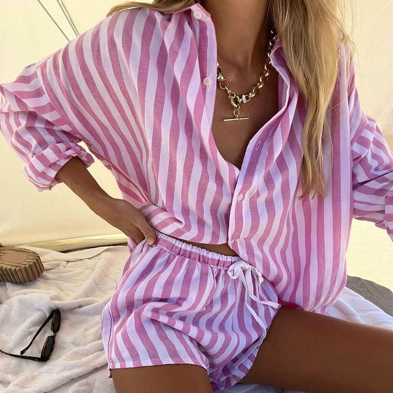 Dames Two-Piece Set – Losvallend Overhemd en Relaxte Short – Ademend Streepdessin