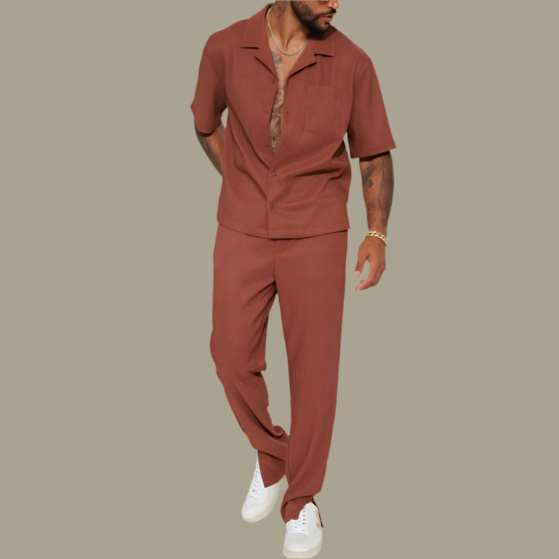 Heren Set – Korte Mouw Overhemd met Kraag – Lange Broek – Ademende Stof – Relaxed Fit