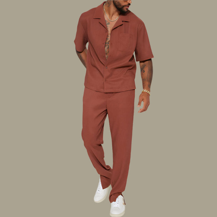 Heren Set – Korte Mouw Overhemd met Kraag – Lange Broek – Ademende Stof – Relaxed Fit