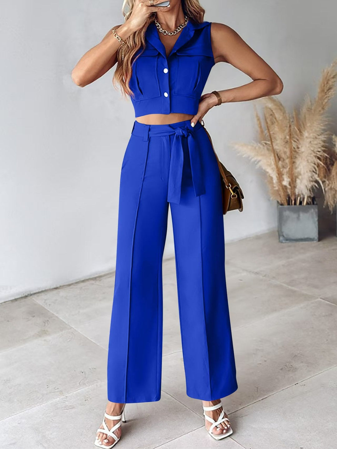 Dames Pantalon Set – Mouwloze Crop Top – Hoge Taille Wijde Pijpen – Ceintuur Detail