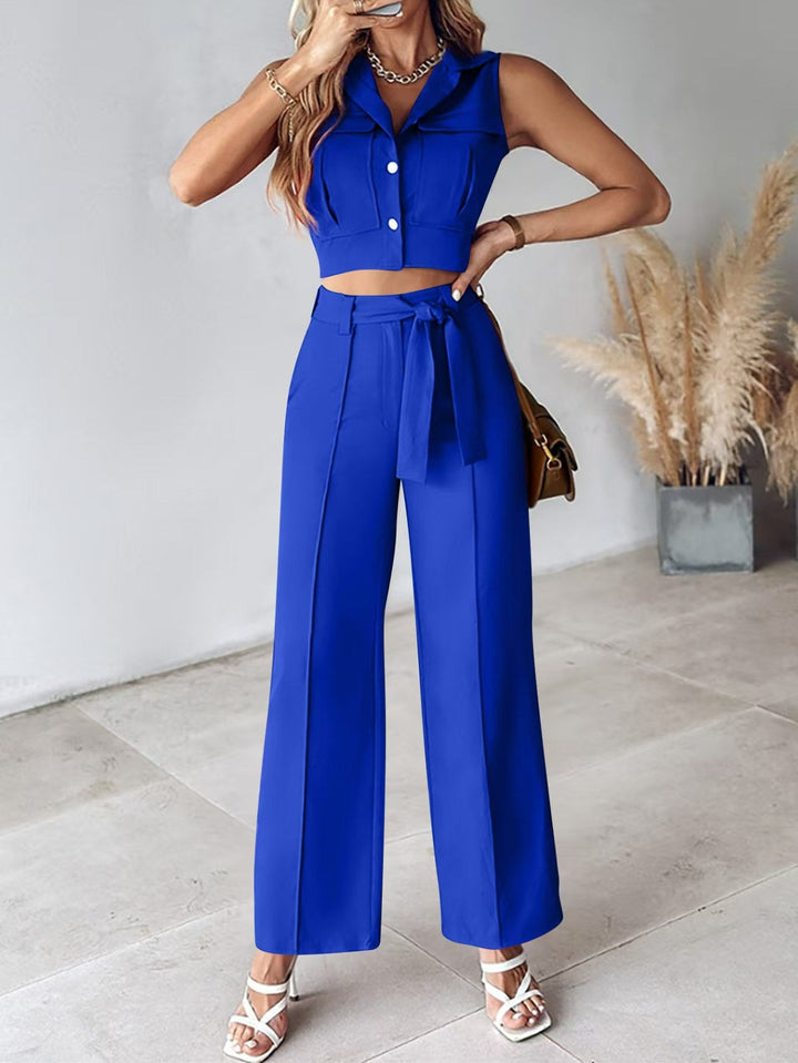 Dames Pantalon Set – Mouwloze Crop Top – Hoge Taille Wijde Pijpen – Ceintuur Detail