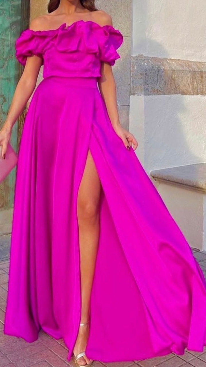 Dames Tweedelige Set – Off-Shoulder Ruffle Top – Maxi Rok met Hoge Split