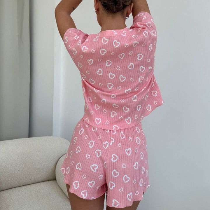 Dames Lounge Set – Tweedelig – Relaxte Pasvorm – Hartjesprint – Zacht Ademend Textiel