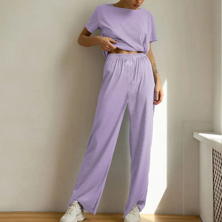 Dames Loungewear Set – Korte Mouwen – Cropped Top – Wijde Pijpen – Ademend Comfort