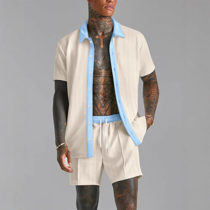 Heren Set – Knoopshirt en Korte Broek – Relaxte Pasvorm – Ademend – Zakken – Trekkoord