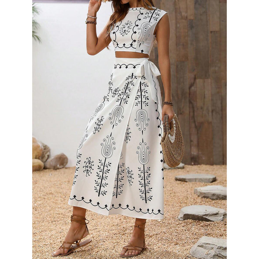 Dames Two-Piece Set – Mouwloze Crop Top – Wikkel Midi Rok – Ademende Stof